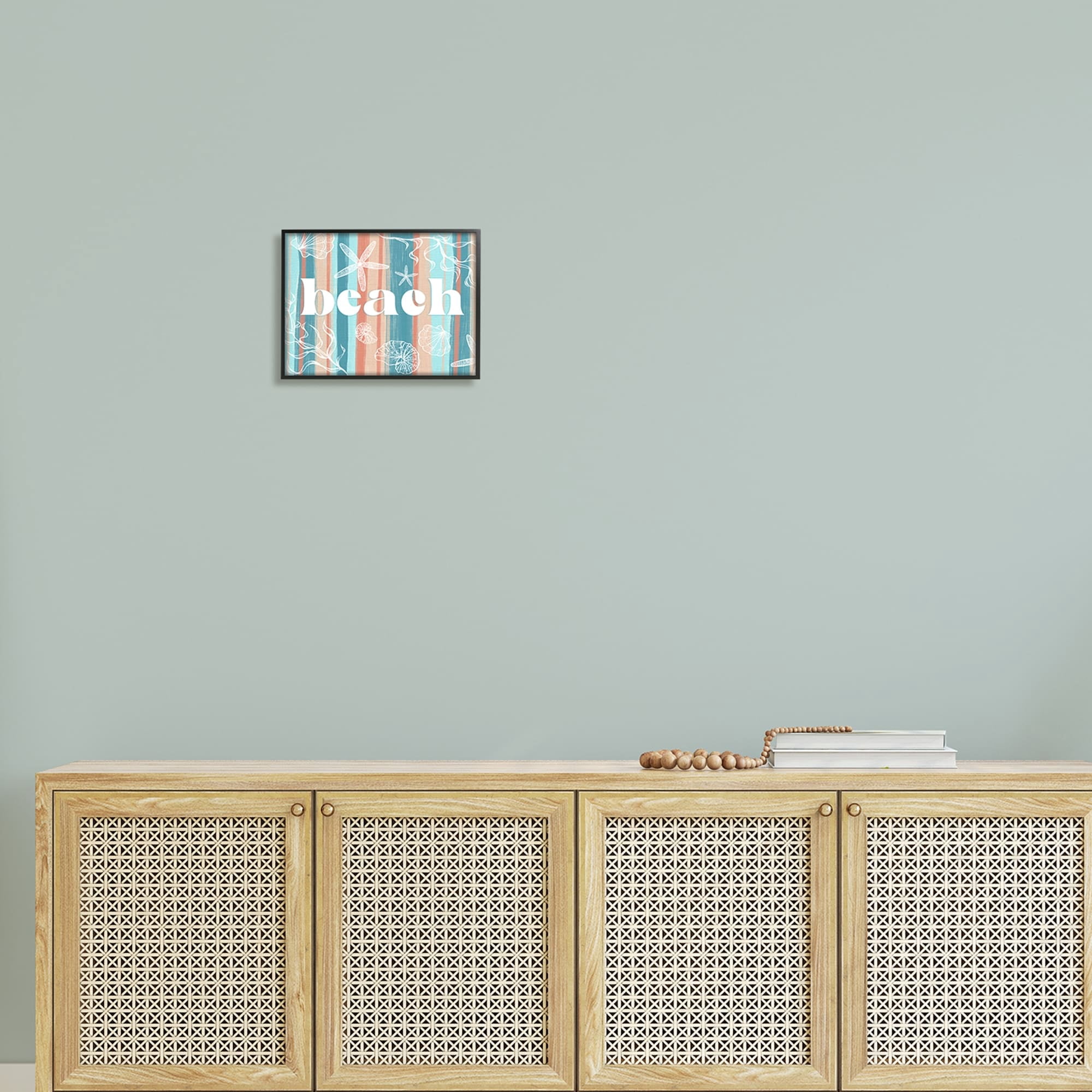 Stupell Industries Striped Beach Sign Various Sea Life Seaweed Coral Graphic Art Black Framed Art Print Wall Art, Design by Ziwei Li