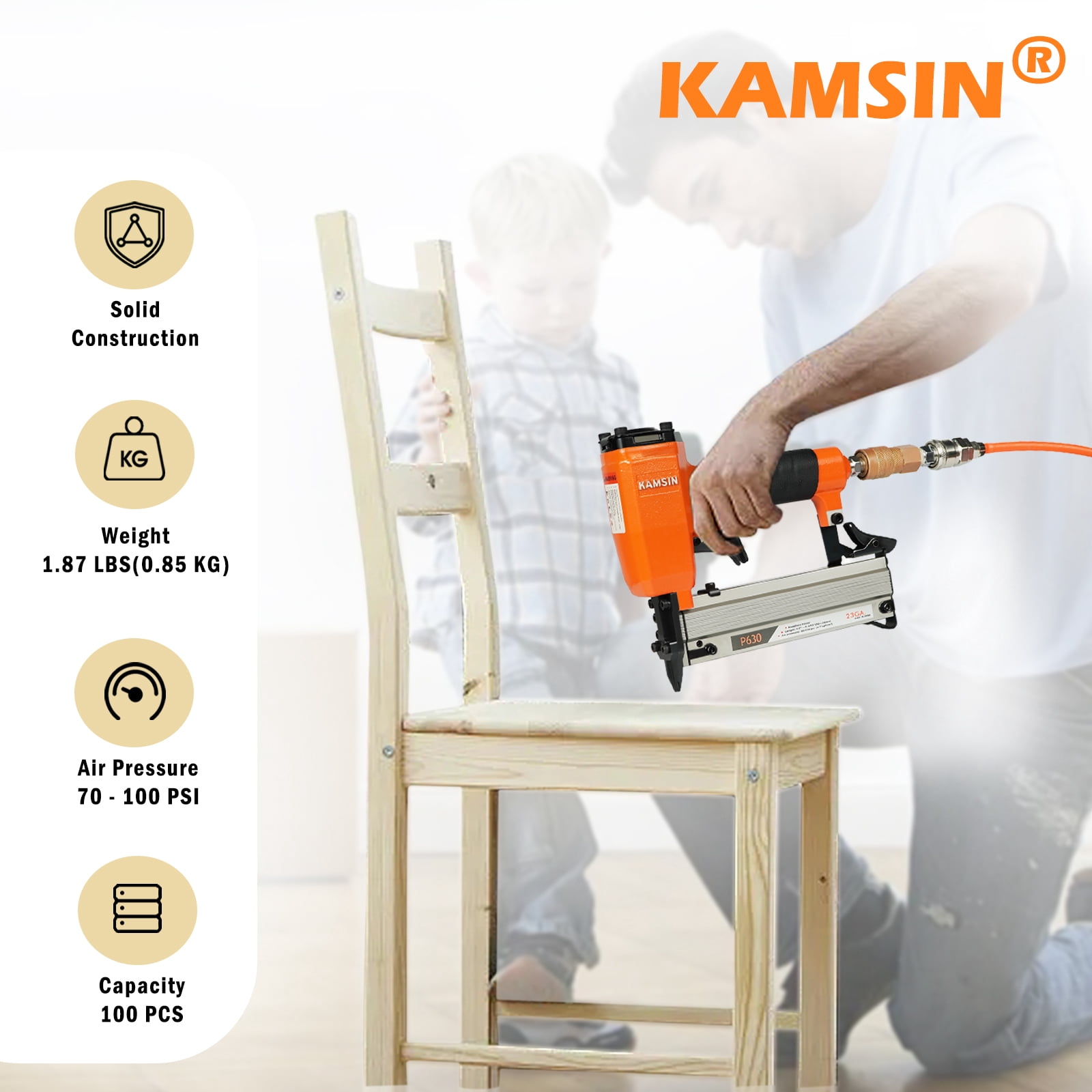 KAMSIN P630 Pneumatic 23 Gauge Pin Nailer Accepts 3/8" to 1-3/16" Pin Nails, Micro Pinner Gun for Assembly and Woodworking Projects