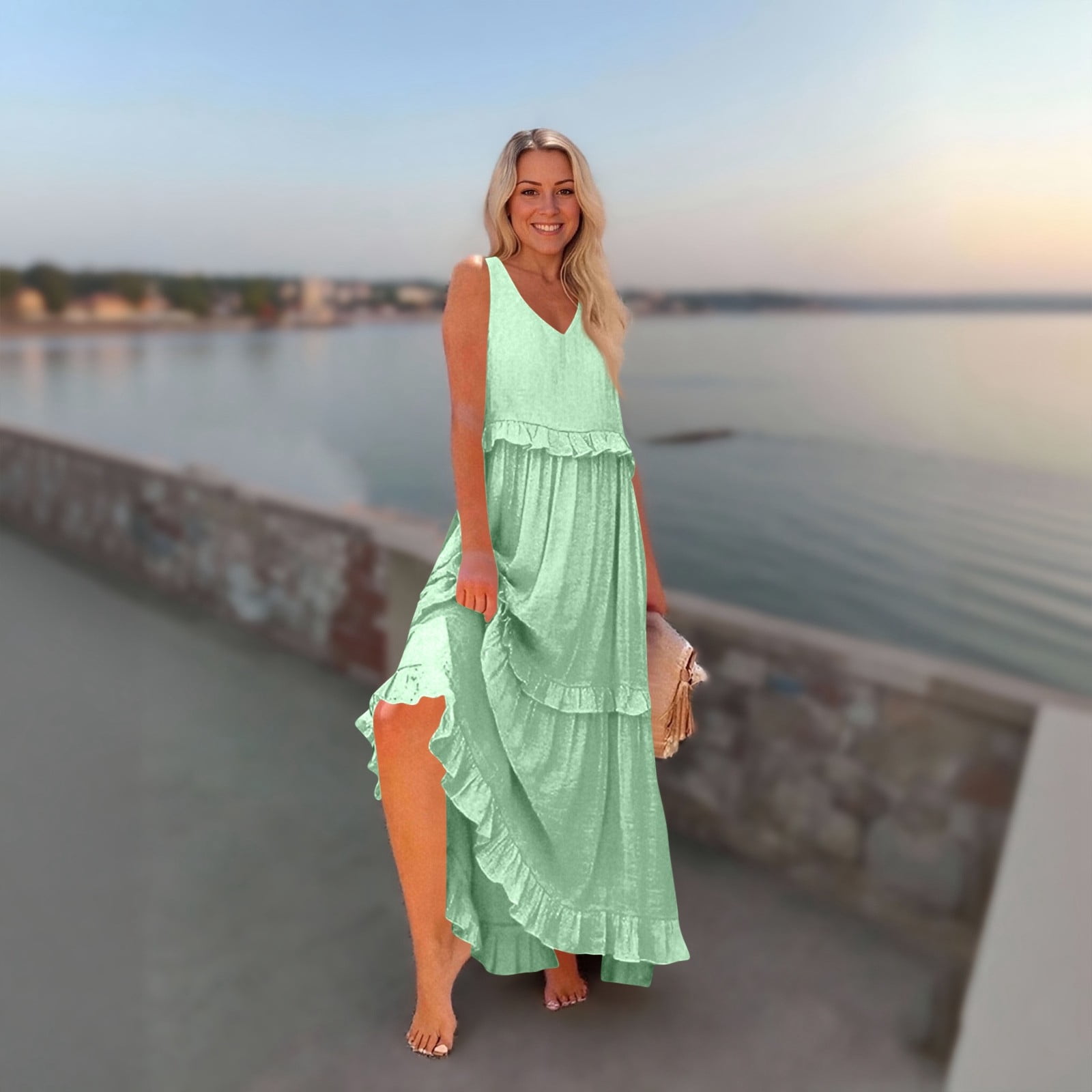 LTTVQM Womens Casual Dresses Spring Flowy Sleeveless Maxi Dresses Vacation  V Neck Tiered Sundress Church Long Dress with Pockets Mint Green L -  Walmart.com