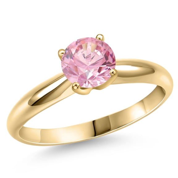 Gem Stone King 14K Yellow Gold Pink Zirconia Engagement Ring for Women | 1.28 Cttw | Round 7MM | Gemstone Birthstone | Size 6