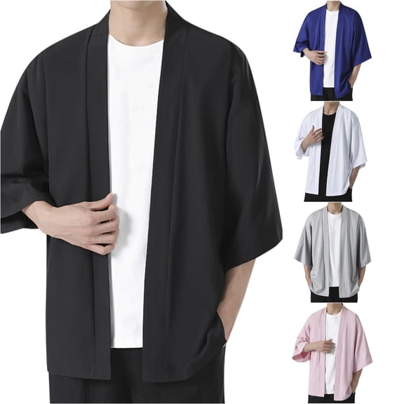 Zylarhe Mens Summer Shirts, Men Summer Kimono Shirt Solid Half Sleeve Elegant Top Off Shoulder Loose Soft Cardigan Black M