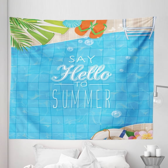 Hello Summer Tapestry, Top View of Swimming Pool with Clean Water Flip Flops and Flippers Fun Holiday, Fabric Wall Hanging Decor for Bedroom Living Room Dorm, 5 Sizes, Multicolor, by Ambesonne