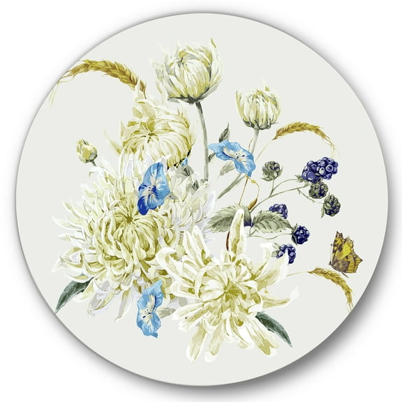 Designart 'Ancient Chrysanthemums With Bouquet II' Traditional Circle Metal Wall Art 36x36 - Disc of 36