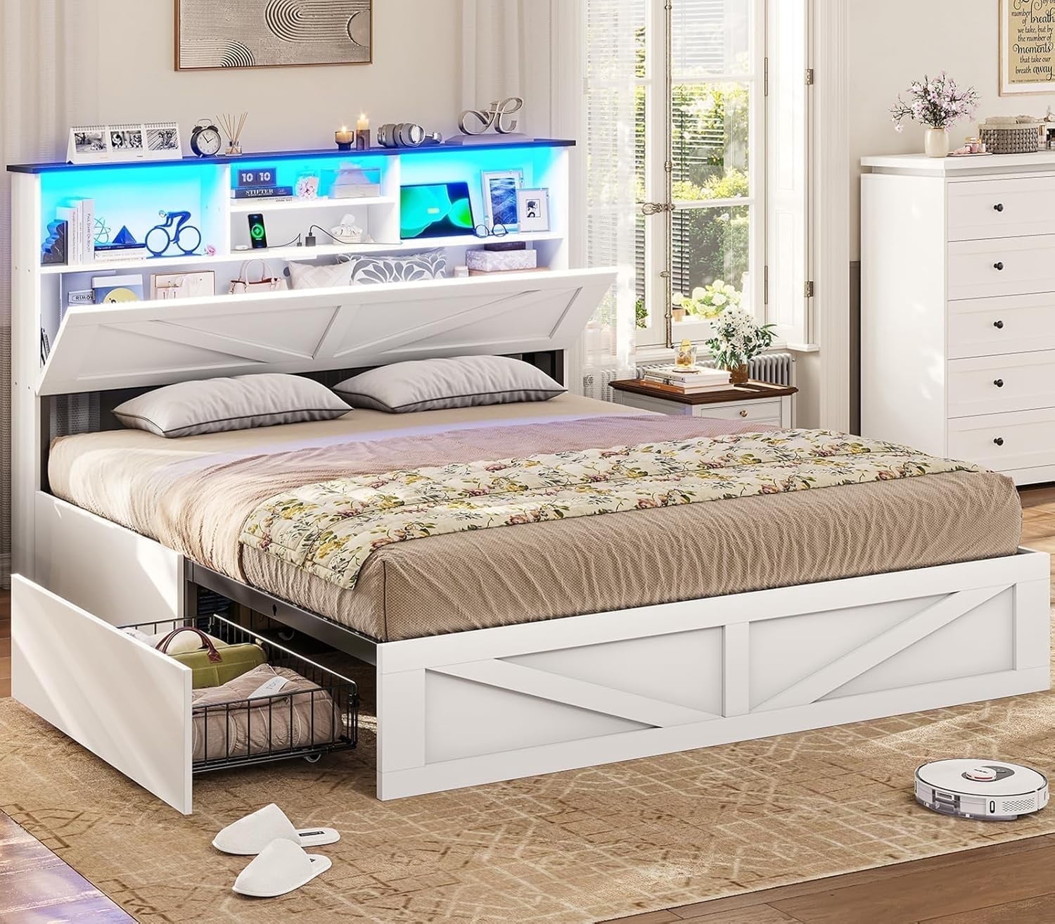 Queen Size Farmhouse Bed Frame with Bookcase & Storage Drawers LED Wooden Platform Storage Bed, No Box Spring Needed, White