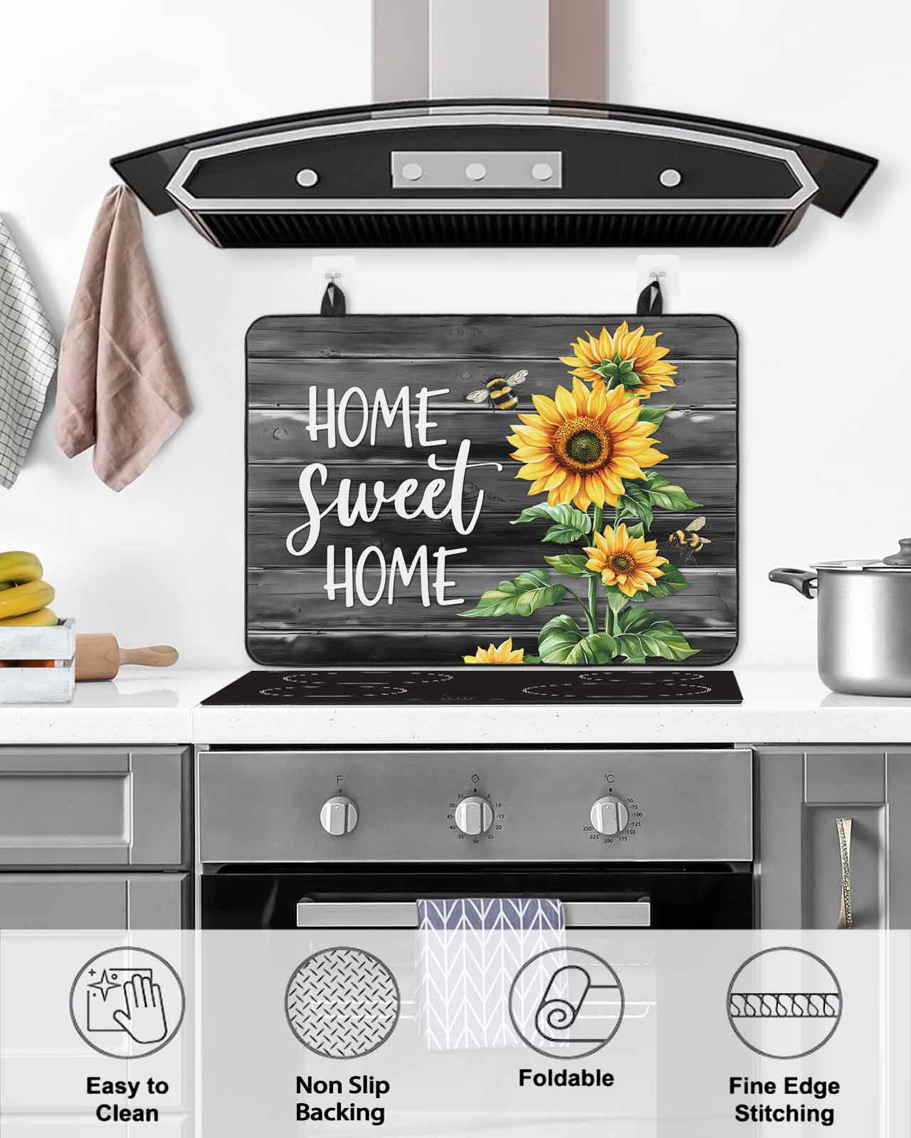 nqOlkjepod Large Induction Cooktop Protector Mat 36"x21", Spring Sunflowers Stove Top Covers for Electric Stove, Black Wooden Grain Country Farm Stove Burner Cover Mats, Glass Top Stove Cover
