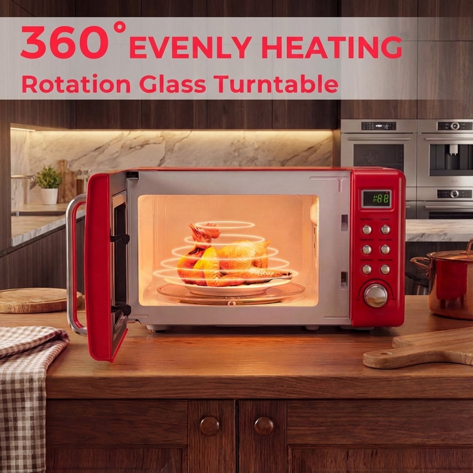 RUIE Retro Microwave Oven,700W 0.7 Cu.ft Countertop Microwave with 5 Power Levels and 8 Auto Cook Menus,LED Display,Child Lock,Compact Microwave for Apartment Dorm Office