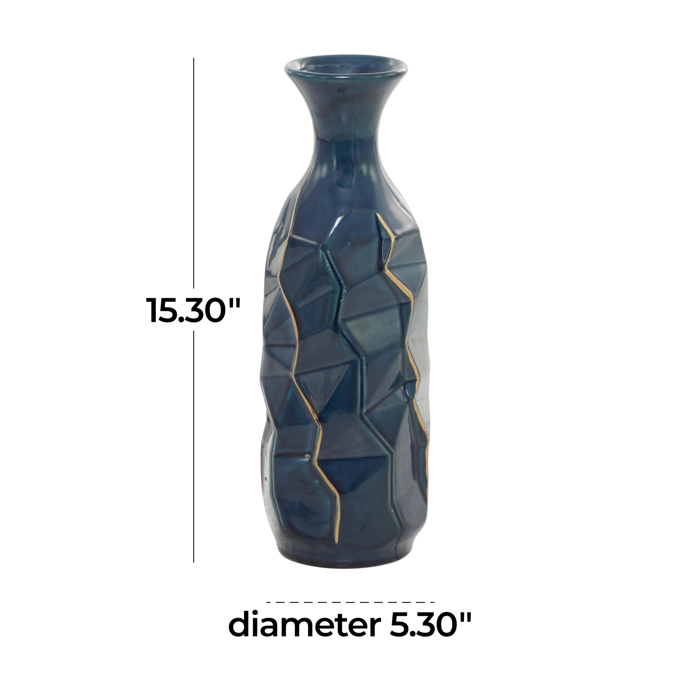 DecMode Blue Ceramic Modern and Coastal Vase 5"W x 15"H, featuring Minimalist Design with clean Lines and Angular Structures