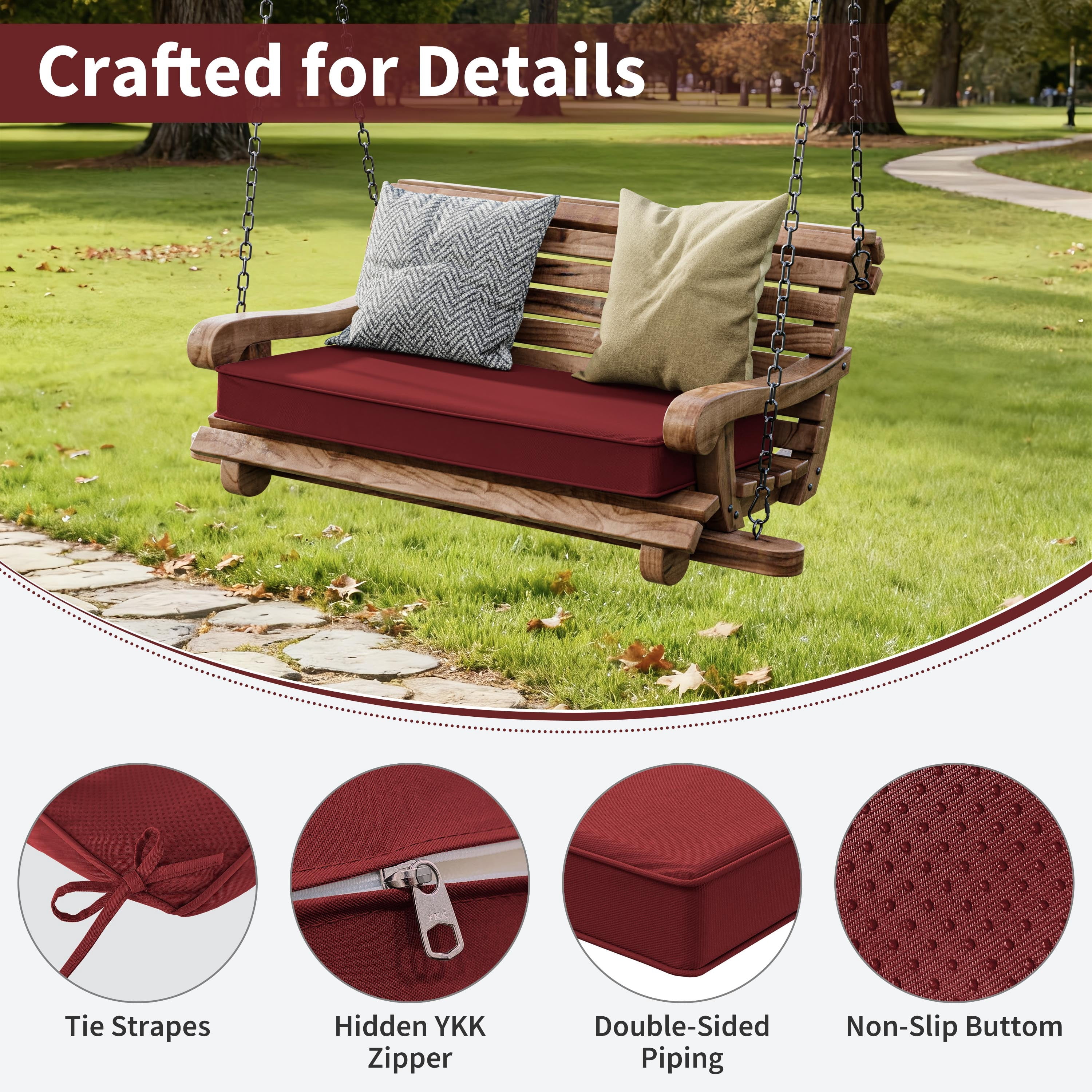 Kimunuk 36" x 18" x 3.5" Outdoor Bench Cushion Patio Furniture Replacement Cushion with Ties for Porch Swing Loveseat, Burgundy