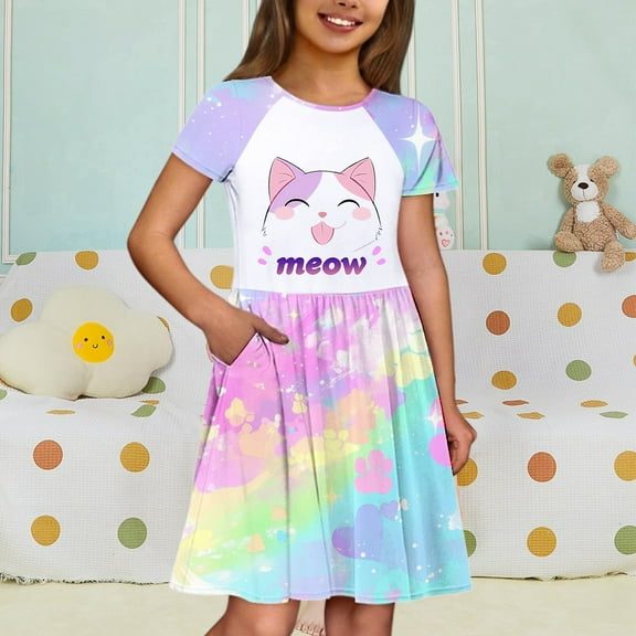 WOYY Girls Cartoon Cat Print Short Sleeve Dress Summer Casual Pocket Dress, Sizes 4-14