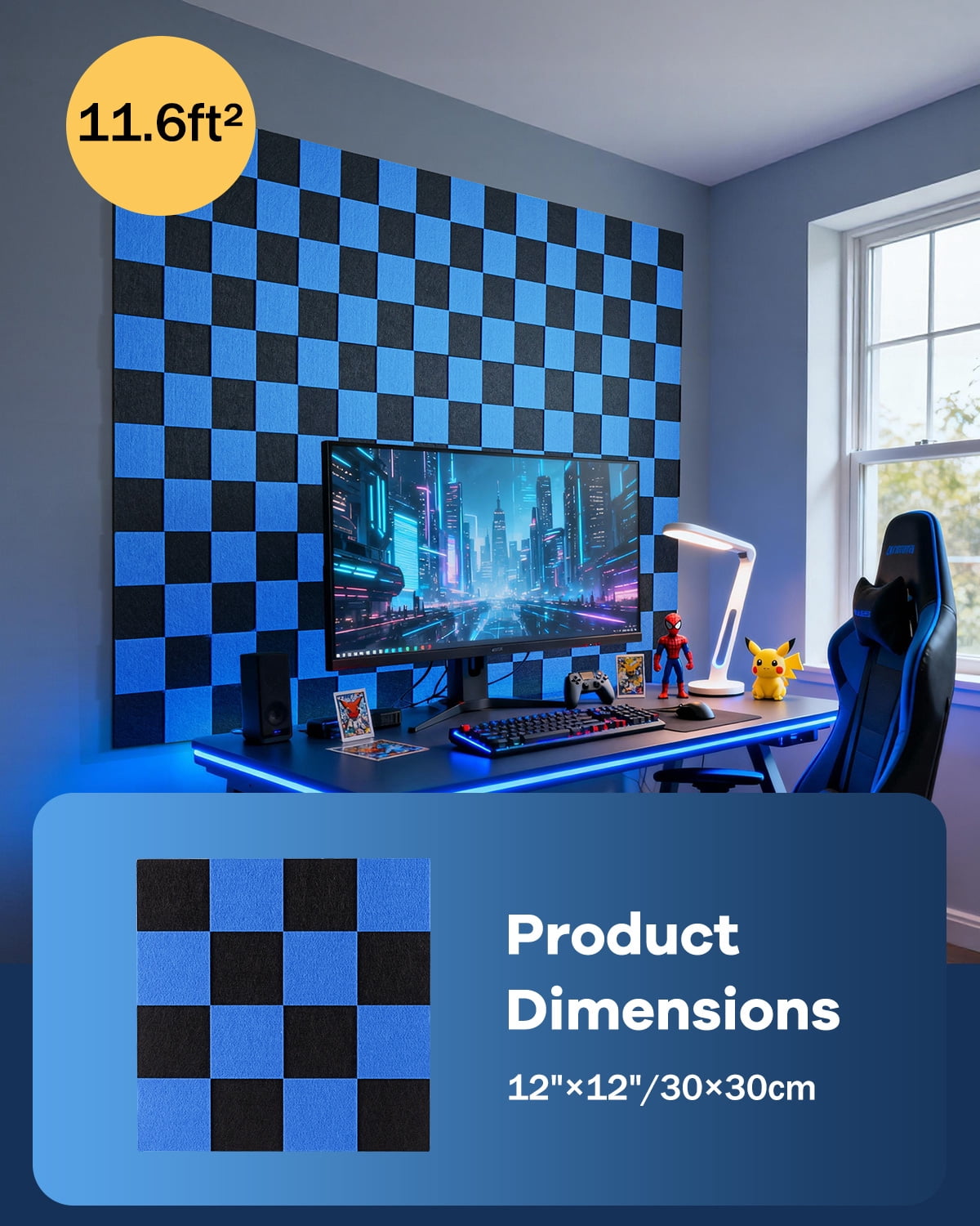 Soundsbay Soundproof Wall Panels, 12 Pack Sound Proof Foam Fanels for Walls Self-Adhesive, 12"×12"×0.4" Checker Board Blue+Black Decorative Acoustic Panels for Door, Ceiling, Home Office
