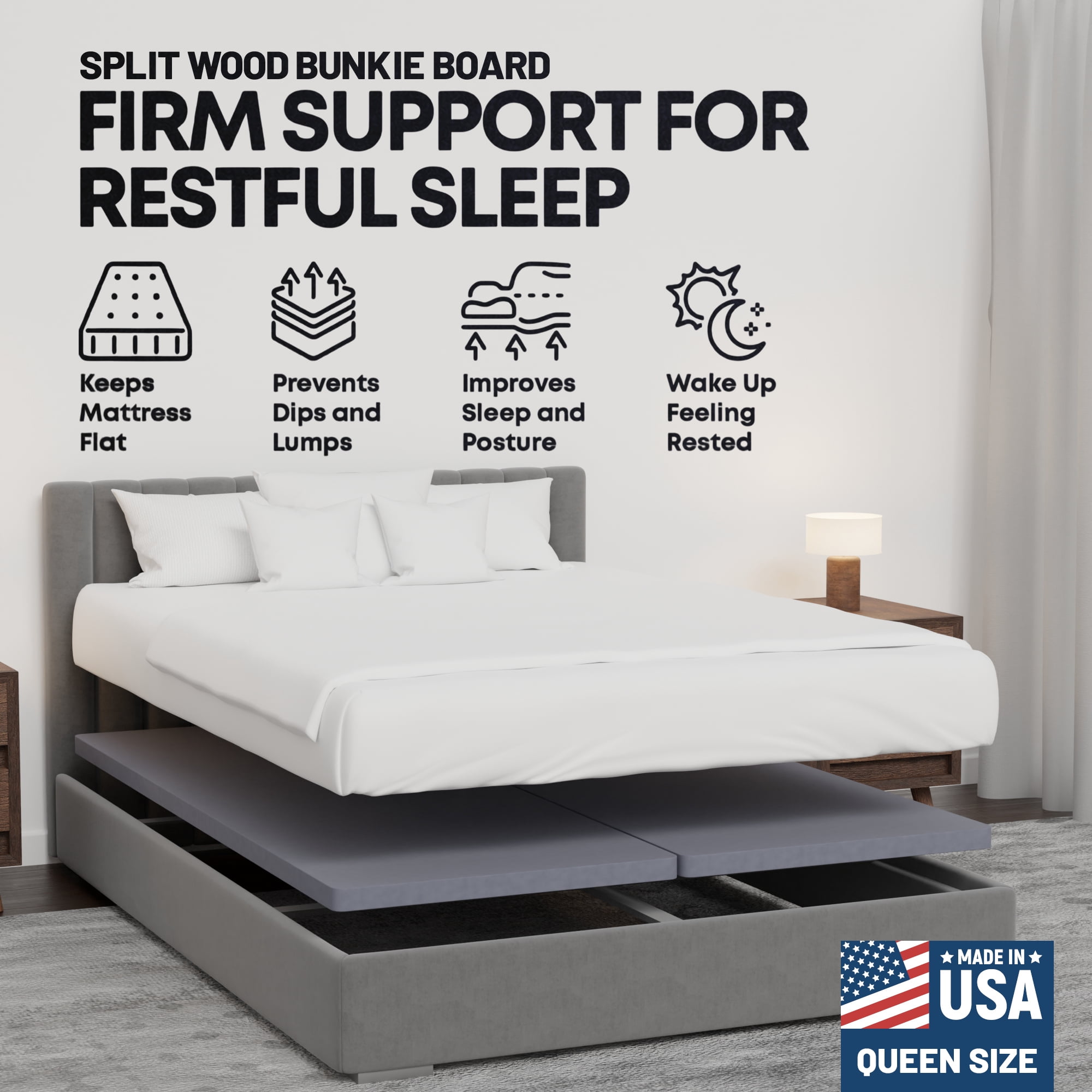 Continental Sleep, Premium 38mm Solid Surface Wood Bunkie Board Queen Size Bed Frames, 2-Piece Under Mattress Support Board, Fabric Ventilation Cover, Replaces Wooden Slats or Box Spring