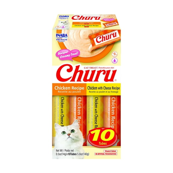 INABA Churu Cat Treats, Grain-Free Lickable Creamy Purée with Vitamin E - Chicken Variety Box 10 Tubes (5xChicken & 5xChicken w/Cheese) 140g
