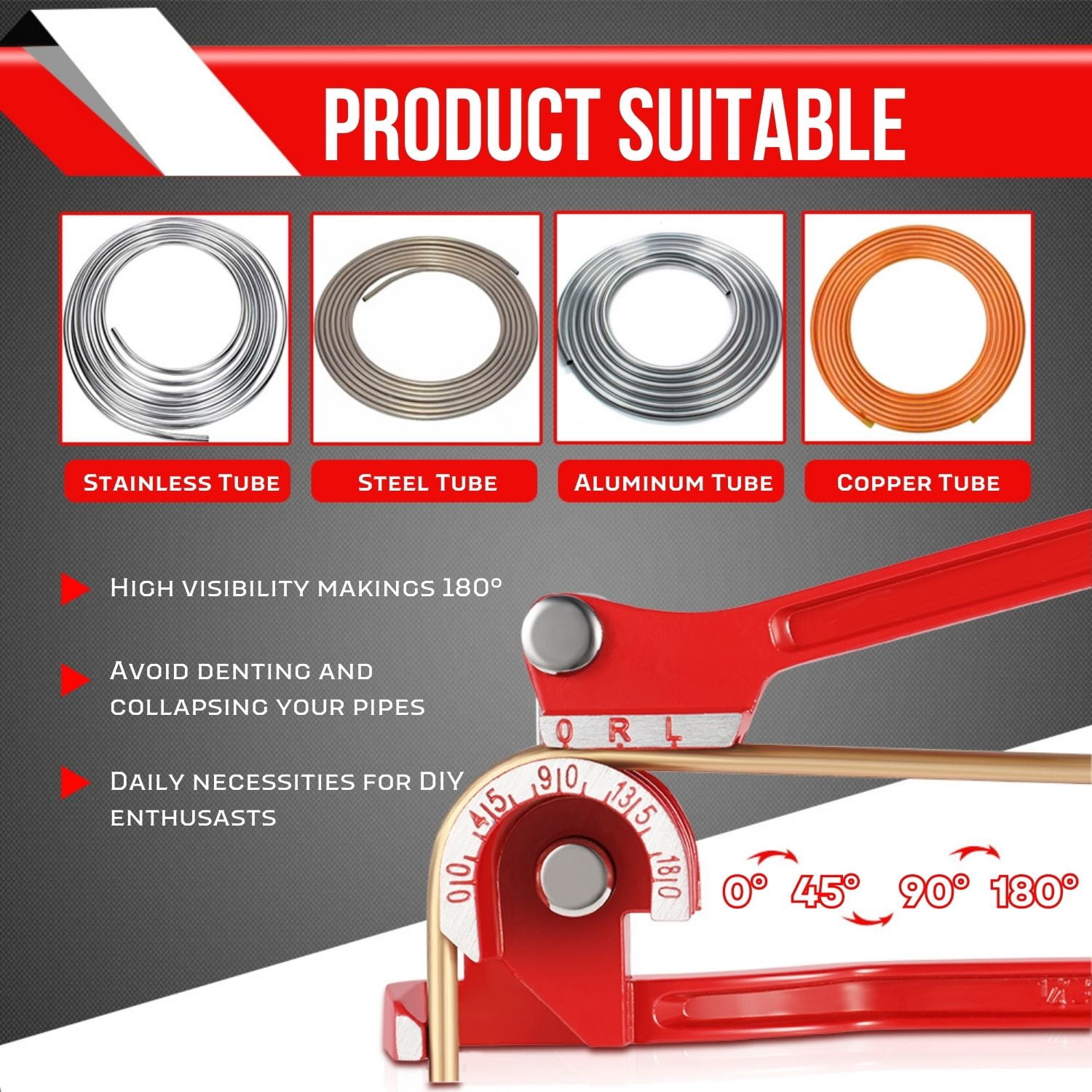 Tube Bender Tool - Manual OD Tubing Bending 3 Size 1/4" 5/16" 3/8" 180 Degree Lever Type Heavy Duty Bend Copper Brass Aluminum & Soft Metal for HVAC Water Gas Pipe Automotive Plumbing (Red)