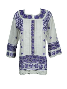Mogul Womens Tunic Blouse White Floral Hand Embroidered Long Sleeves Ethnic Indian Boho Kurti Kurta Dress Shirt