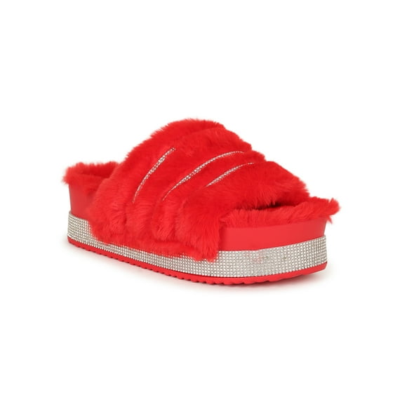 Rasolli Faux Fur Rhinestone Platform Plush Slide Sandal 20446