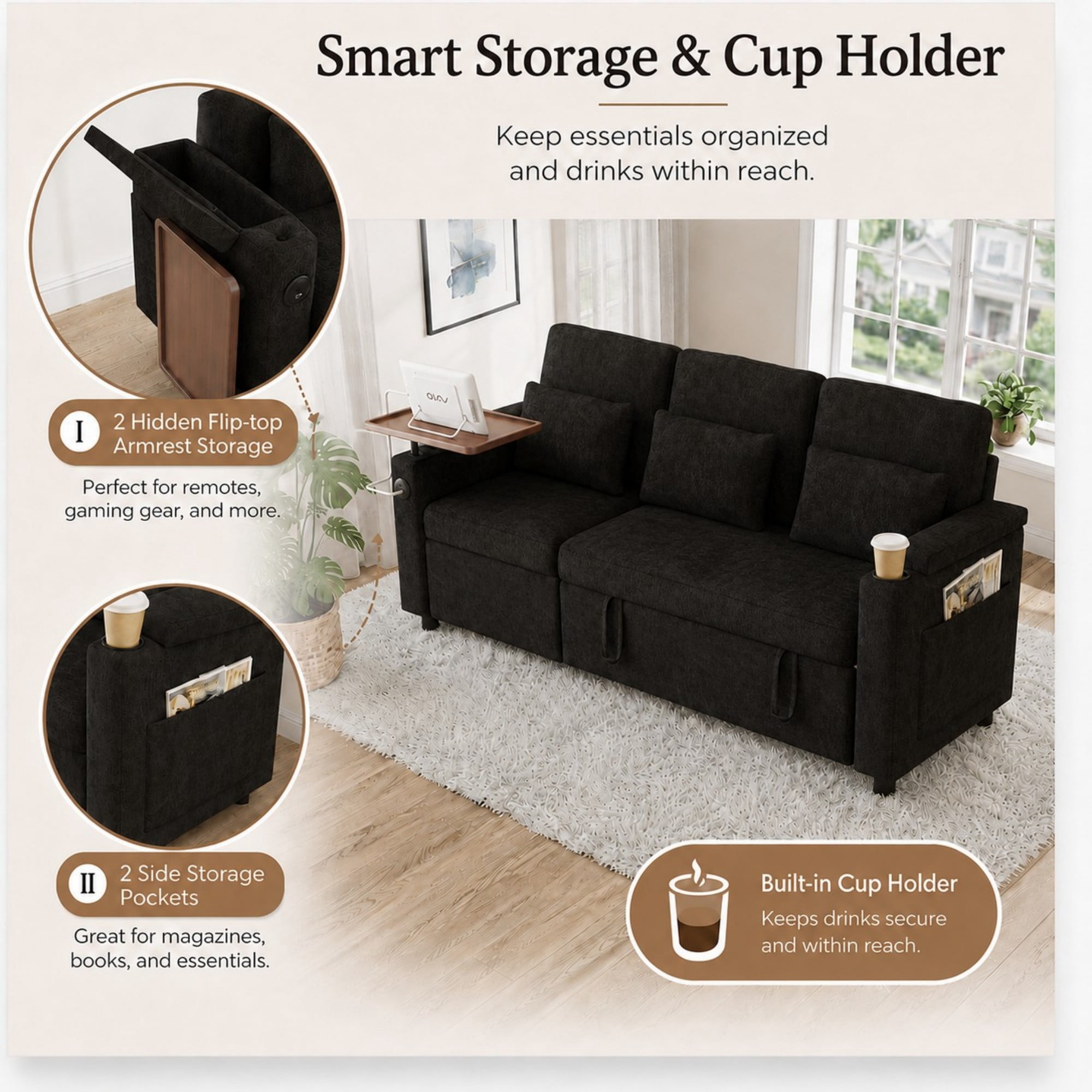DEALTOPS 81" Chenille Pull-Out Sleeper Sofa Bed with Recliner, Tray Table, USB Ports & Storage, Black