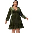 thumbnail image 1 of Vestido de terciopelo de talla grande para mujer, manga larga, cuello en V, volantes, línea A, vestido corto de cóctel, 1 of 6