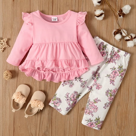 

PatPat Infant Baby Girls Pink Outfit Set Long Sleeve Flare T-Shirt Dress Top with Floral Long Pants Leggings 2pcs Super Soft Girls Casual Fall Clothes Set 3-24Month