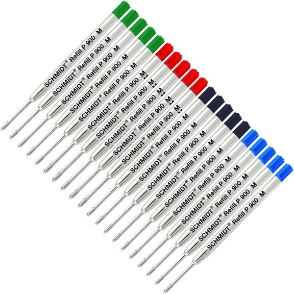 Schmidt P900 Black, Blue, Green, Red Parker Style Ballpoint Refill, Medium Tip 0.7mm - Pack of 20