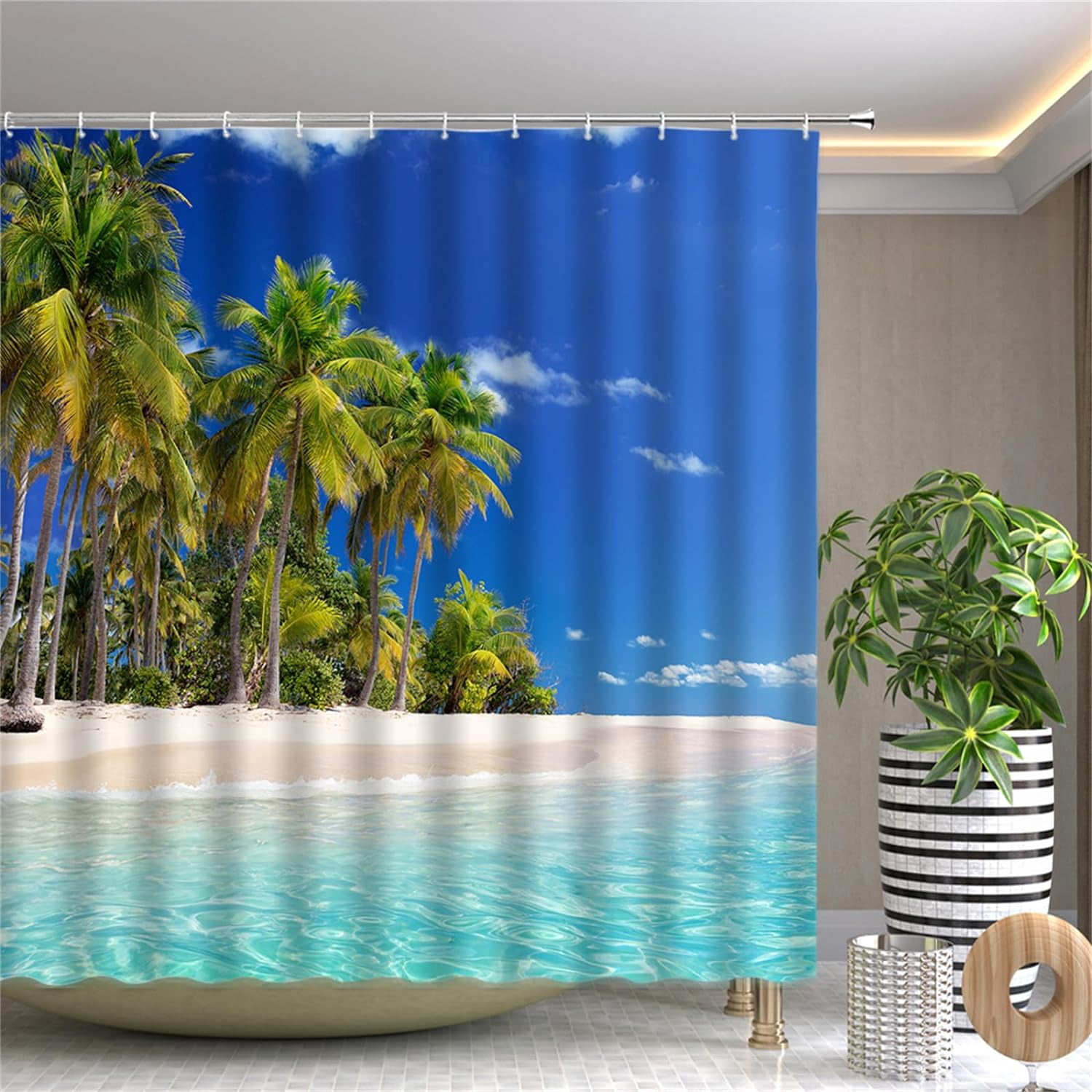 Ocean Beach Shower Curtain Blue Sky Tropical Sea Waves White Cloud Seaside Landscape Hawaii Summer Nature Scenery Bath Curtain with Plastic hooks