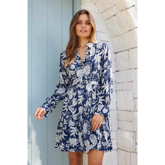 Women's Button Down Belted Shirt Dress,Long Sleeve Floral Print A-Line Short Dress for Vacation Daily wear