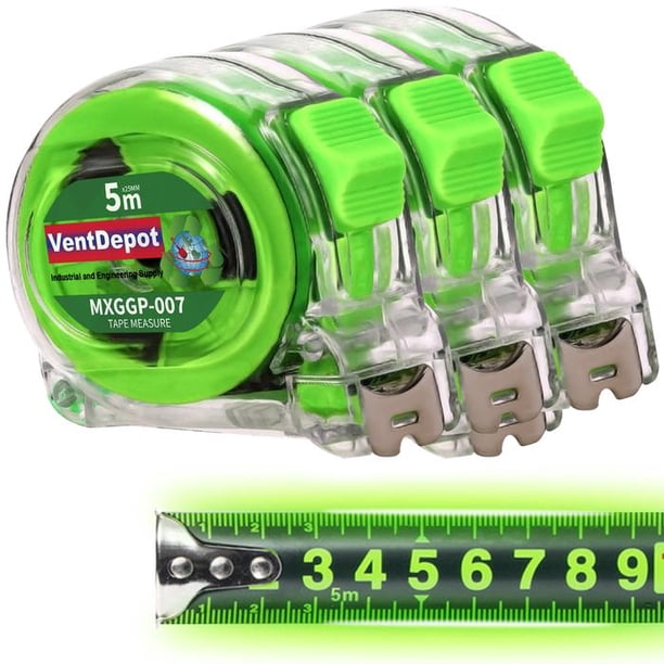 Flexómetro de Precisión VentDepot 3 Pzas 5mx25mm ABS y Acero al Carbono Transparente y Verde