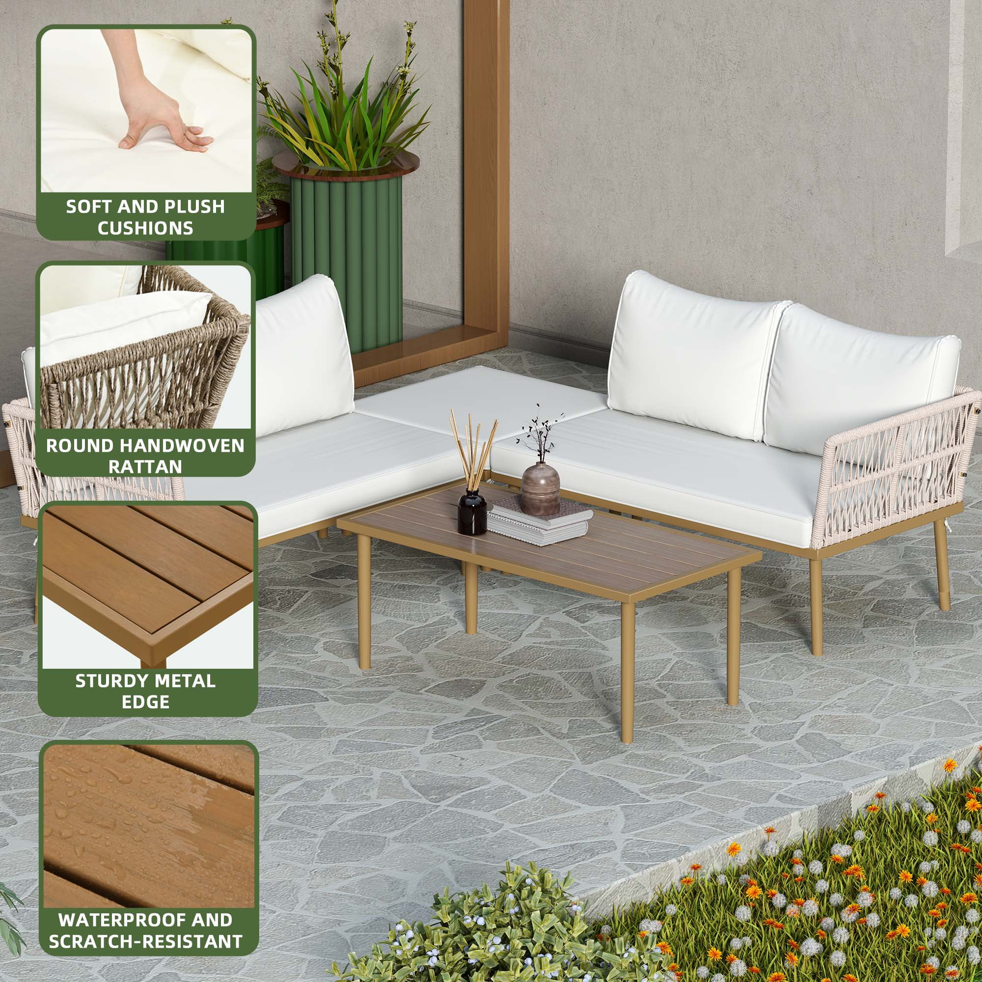 Uforic 4-Piece Outdoor Woven Rope Sectional Sofa Set Patio Furniture Conversation Set, Patio Loveseat with Ottoman and Side Table - Beige