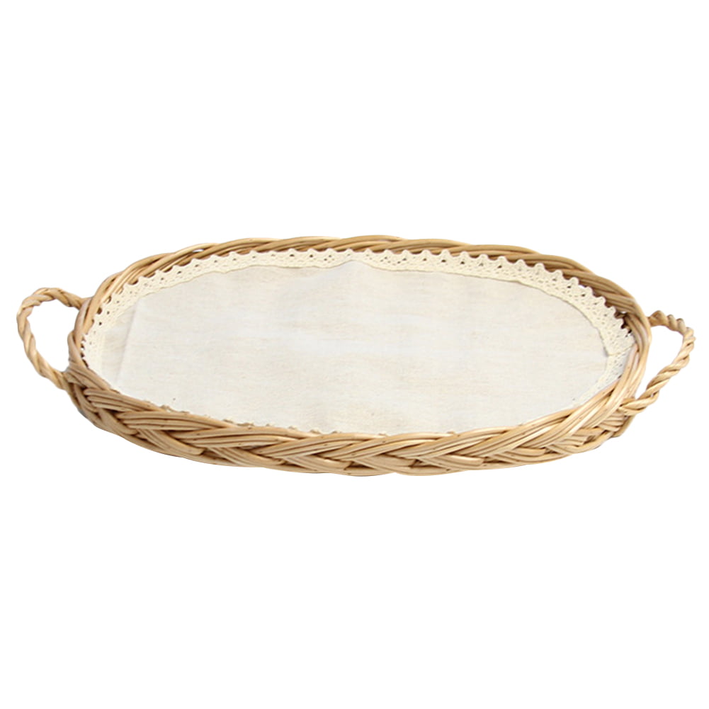Hand-Woven Rattan Round Serving Tray With Insulation Pad And Handles Bread Cake Pastries Basket Round Wicker Bread Basket 