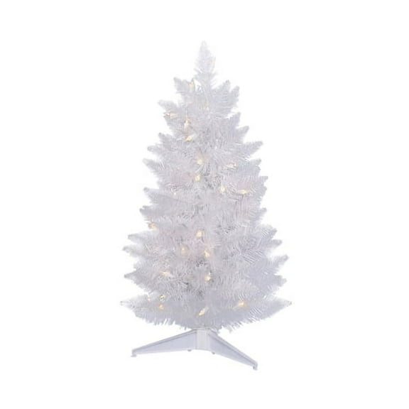 Perfect Holiday 2 Ft Pre-Lit Christmas Tree White, 57 Tips, UL 50 Warm White LED, Plastic Base, Dia 14"