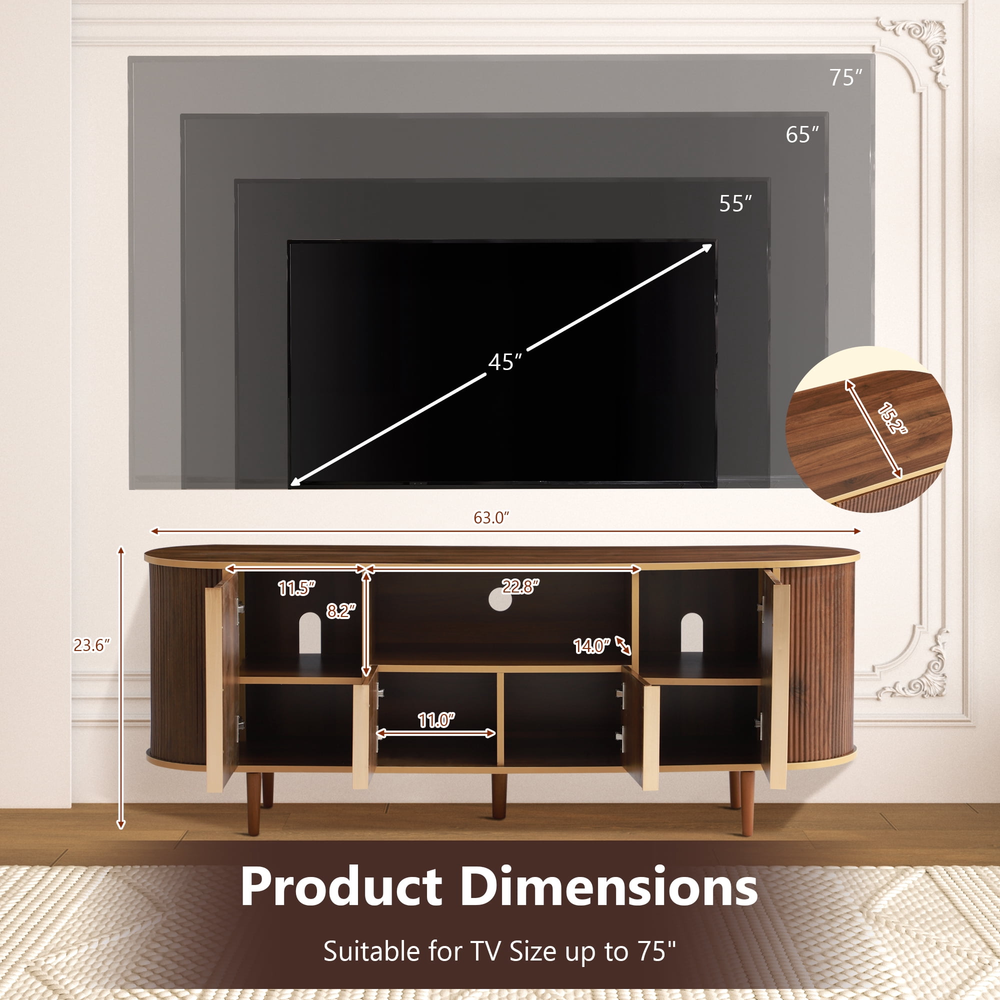 Magic Union 63" TV Stands, Fluted Modern Mid Century Entertainment Center Console for 55/60/65/70/75 inches TVs, Curved TV Stand with Open Storage & Side Cabinets, Living Room, Bedroom furniture