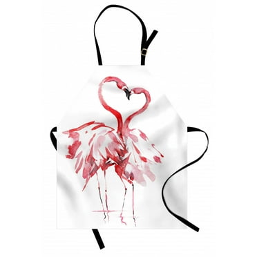 Flamingo Apron Flamingo Couple Kissing Romance Passion Partners in Love Watercolor Effect, Unisex Kitchen Bib Apron with Adjustable Neck for Cooking Baking Gardening, Dark Coral White, by Ambesonne