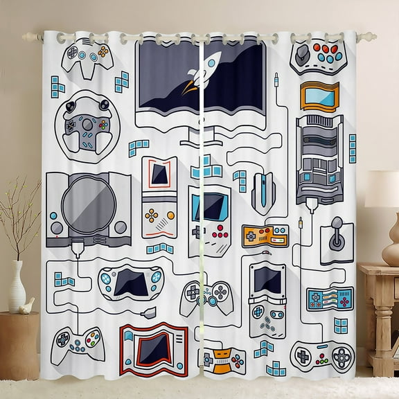 Manfei Kids Gamepad Controller Curtains Pack of 2 (42x84 Each),Console Video Game Curtains Blackout,White Blue Bedroom Curtains For Boys,Luxury Bedroom Decor