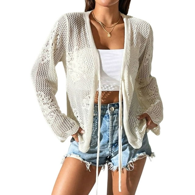 Cárdigan Informal de Playa para Mujer, de Larga, con Aberturas y Lazo Frontal de Crochet. Cremoso L