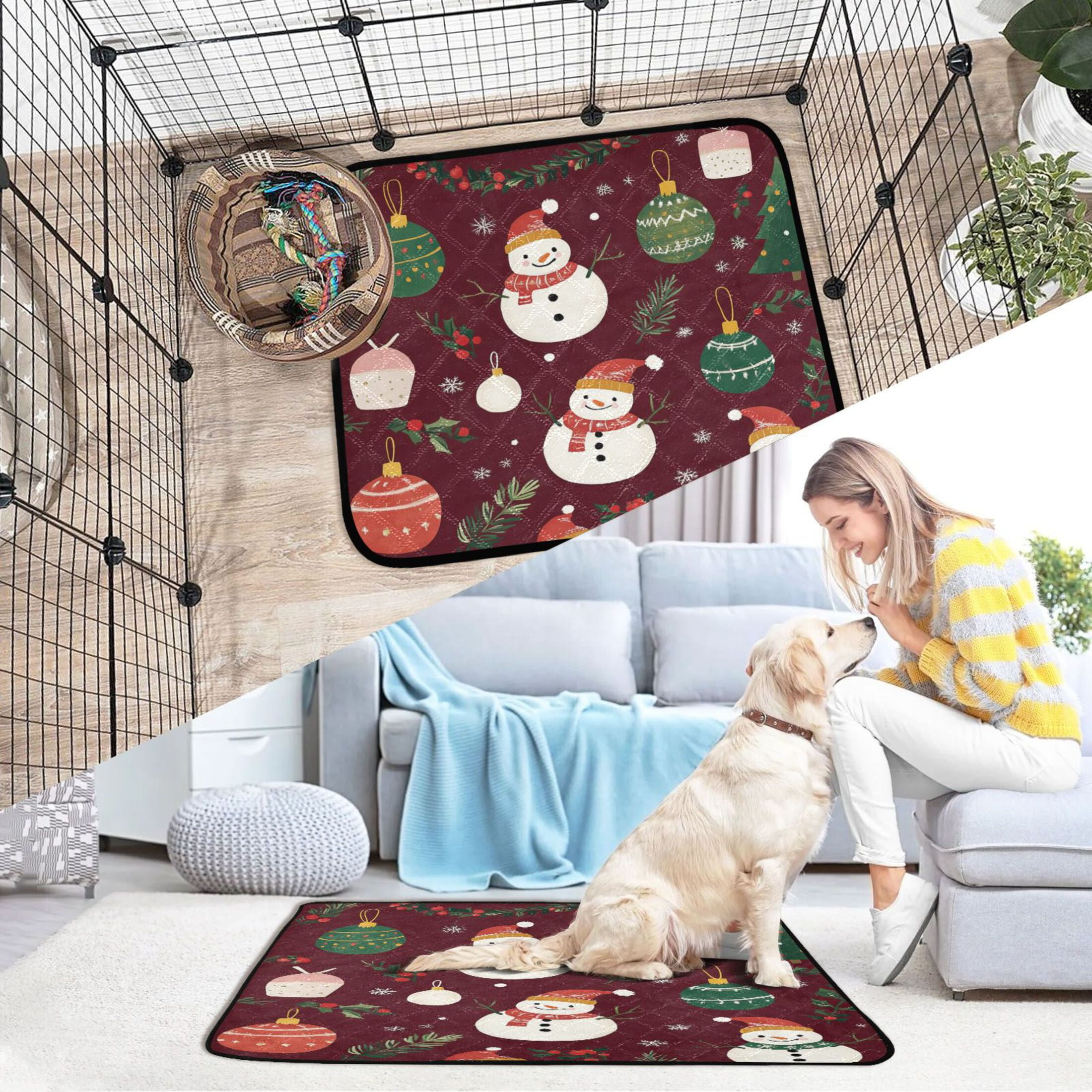 Qxltty Christmas Pattern with Snowmen and Green Trees Cat litter Pads Pet Set of 2 Diaper Mats Center Anti-leakage Layer Absorbent Soft and Comfortable