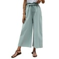 thumbnail image 1 of DYMADE Women Elastic Waist Solid Color Cotton Linen Drawstring Wide Leg Pants Loose Capris, 1 of 4