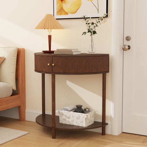 Aukfa Half Moon Console Table with Rattan Storage Cabinet,Side Table Sofa Table for Living Room, Hallway,Brown