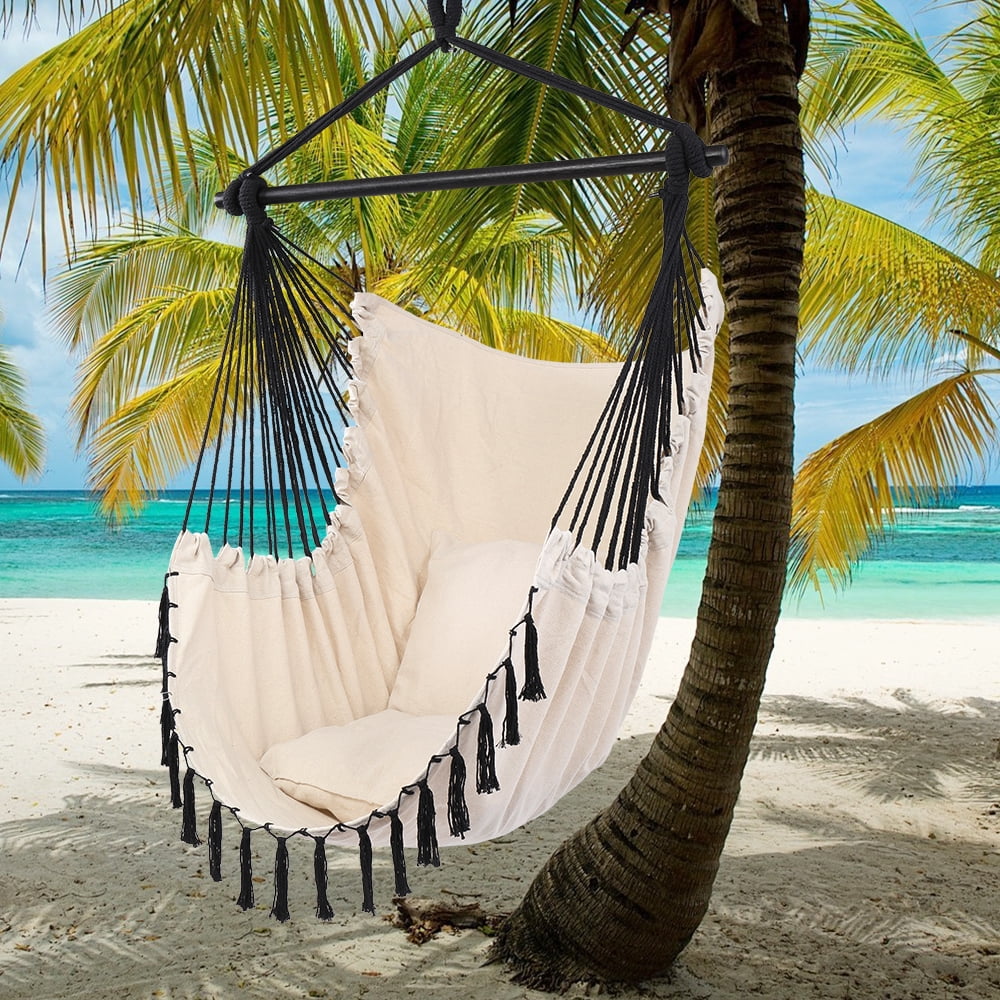 BAYUELSWU Hammock Chair with 2 Cushions, Hanging Rope Rope Swing with Tassel for Indoor/Outdoor, Garden Yard, Backyard, Living Room (Beige)