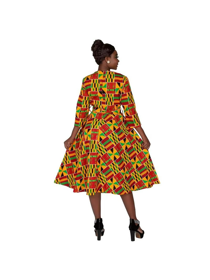 chinese dress ladies Green Black African Ankara Long Sleeve Fitted Dress With Lace –  Africanclothinghub main image 0