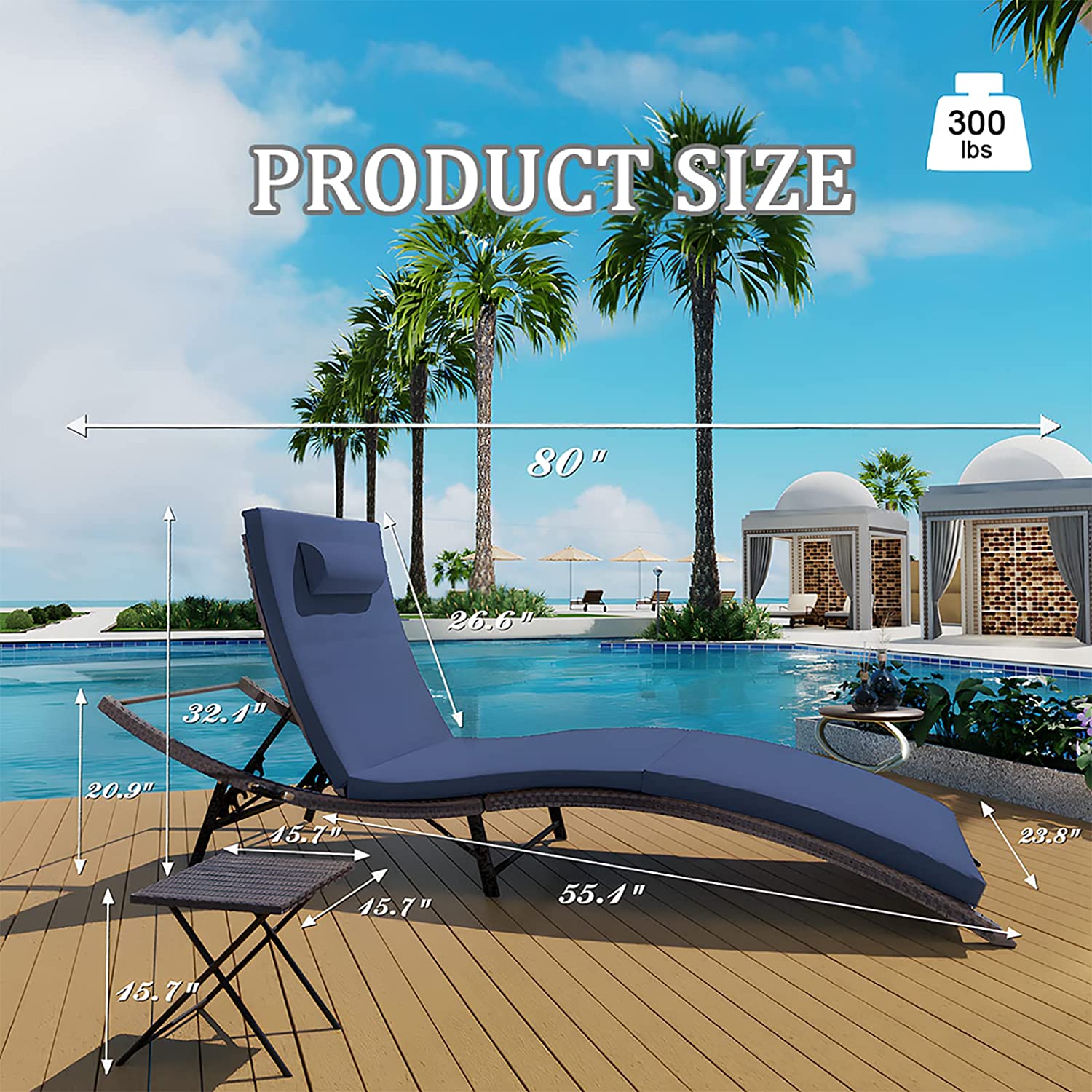 Gotland Patio Lounge Chair,3 Pieces Chaise Lounge Outdoor Folding leisure Lounge Chairs Including Table Rattan Patio Furniture Set,Navy blue - image 4 of 7