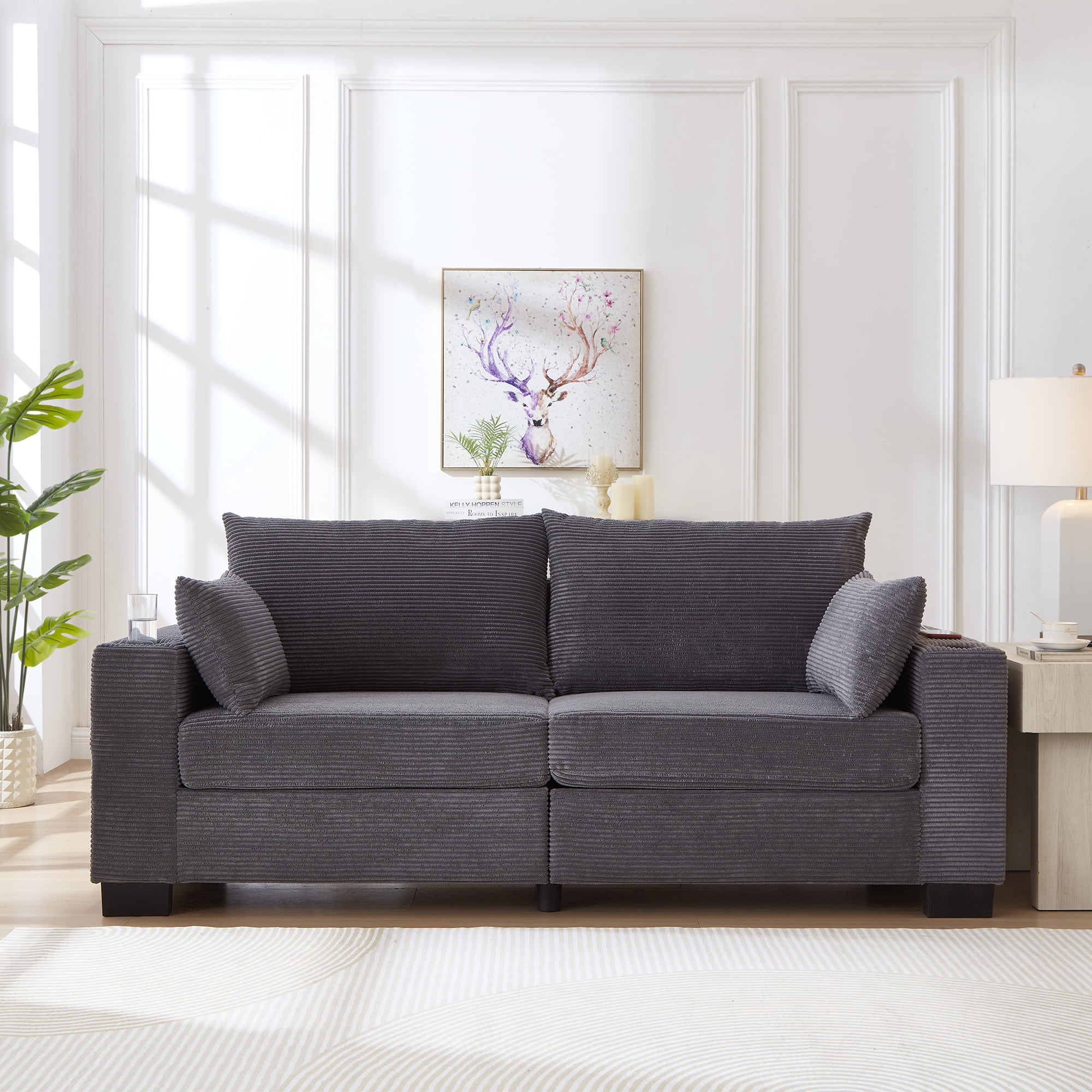 78" Corduroy Sofa,3 Seater Sofa with Extra Deep Seats,Modern Upholstered Couch with USB,Cup Holders & Side Pocket,2 Pillows for Living Room,Gray