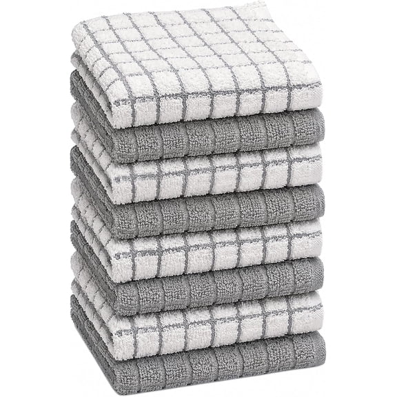 Grey Cotton Dish Cloths Set of 8, 12 x 12 Inch 405 GSM Ring-Spun Kitchen Towels for Dish Drying, Counter Wiping and Daily Cleaning