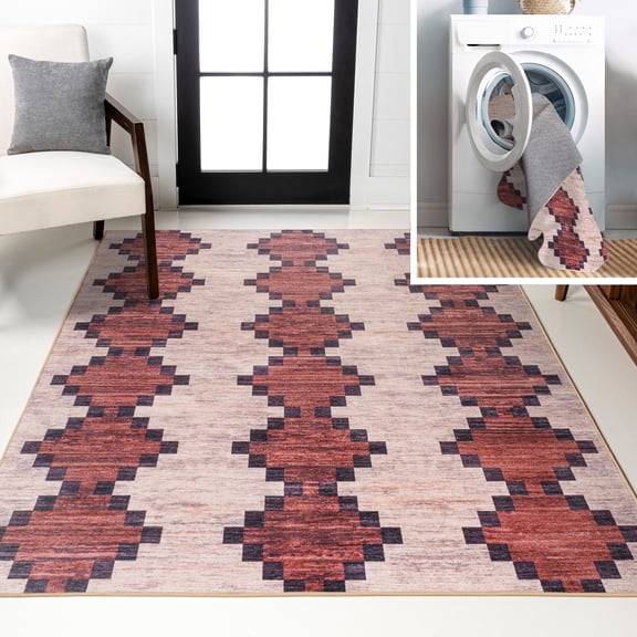 JONATHAN Y WASHABLE 5 x 8 Area Rug, Timantii Trellis Kilim - Red/Ivory, WSH123A-5
