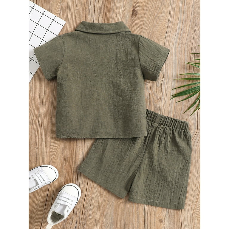 Springcmy Toddler Kids Baby Boys Cotton Linen Clothes Set Short Sleeve  Button Down Shirt Top and Shorts 2Pcs Summer Outfit Army Green 6-12 Months  