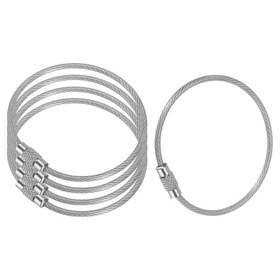5.9 Inch Stainless Steel Wire Keychain Cable Key Ring Loop, Silver, 5 Pack