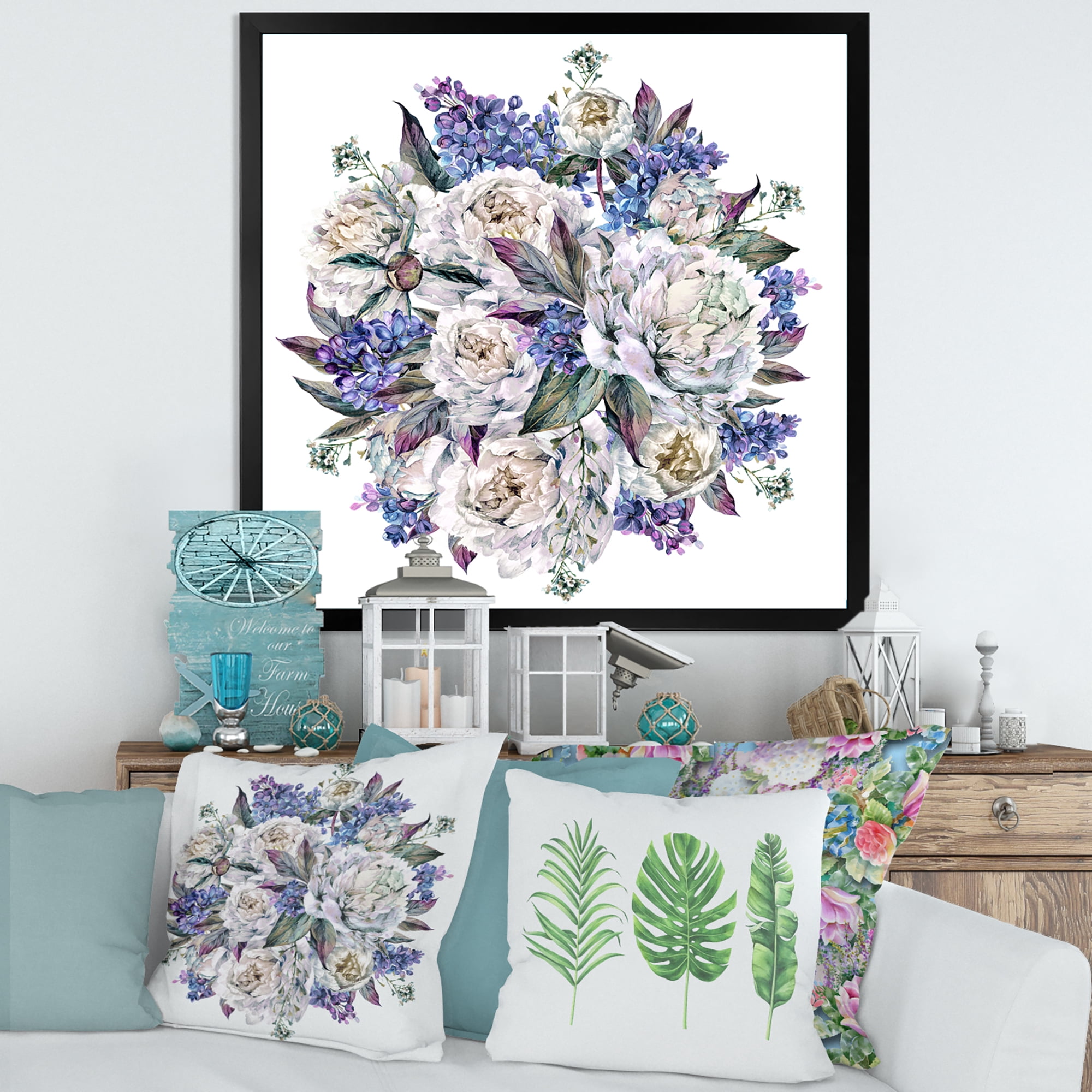 Designart 'Bouquet Peonies In Blue and White' Traditional Framed Art Print