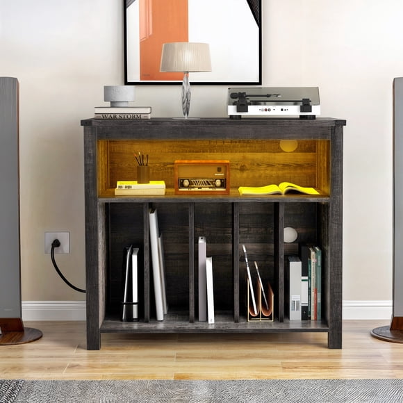 DEXTRUS Record Player Stand with Power Outlets & LED Lights, Media Storage Cabinet Holds up to 200 Albums, Rustic Oak