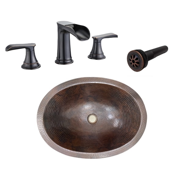 SimplyCopper 19" Oval Copper Bathroom Sink Hand Hammered with Faucet & Drain