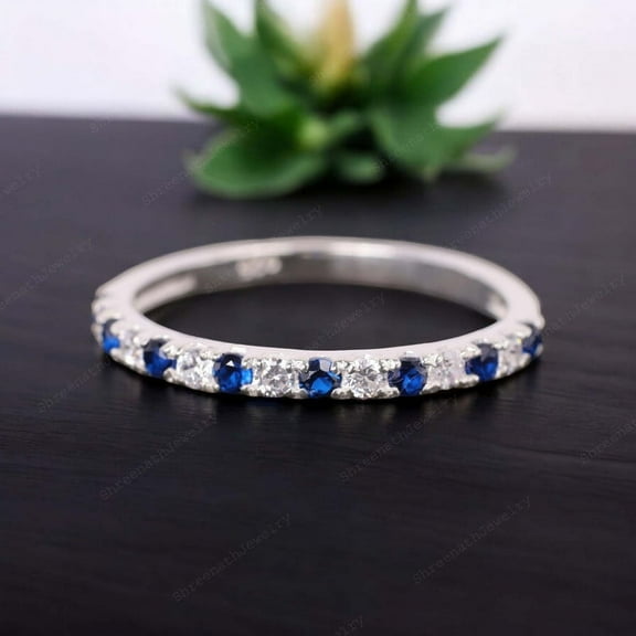 Sapphire Wedding Band CZ Diamond Half Eternity Promise Band Stacking Matching Women Jewelry Art Deco Bridal Band Personalized Gift Band