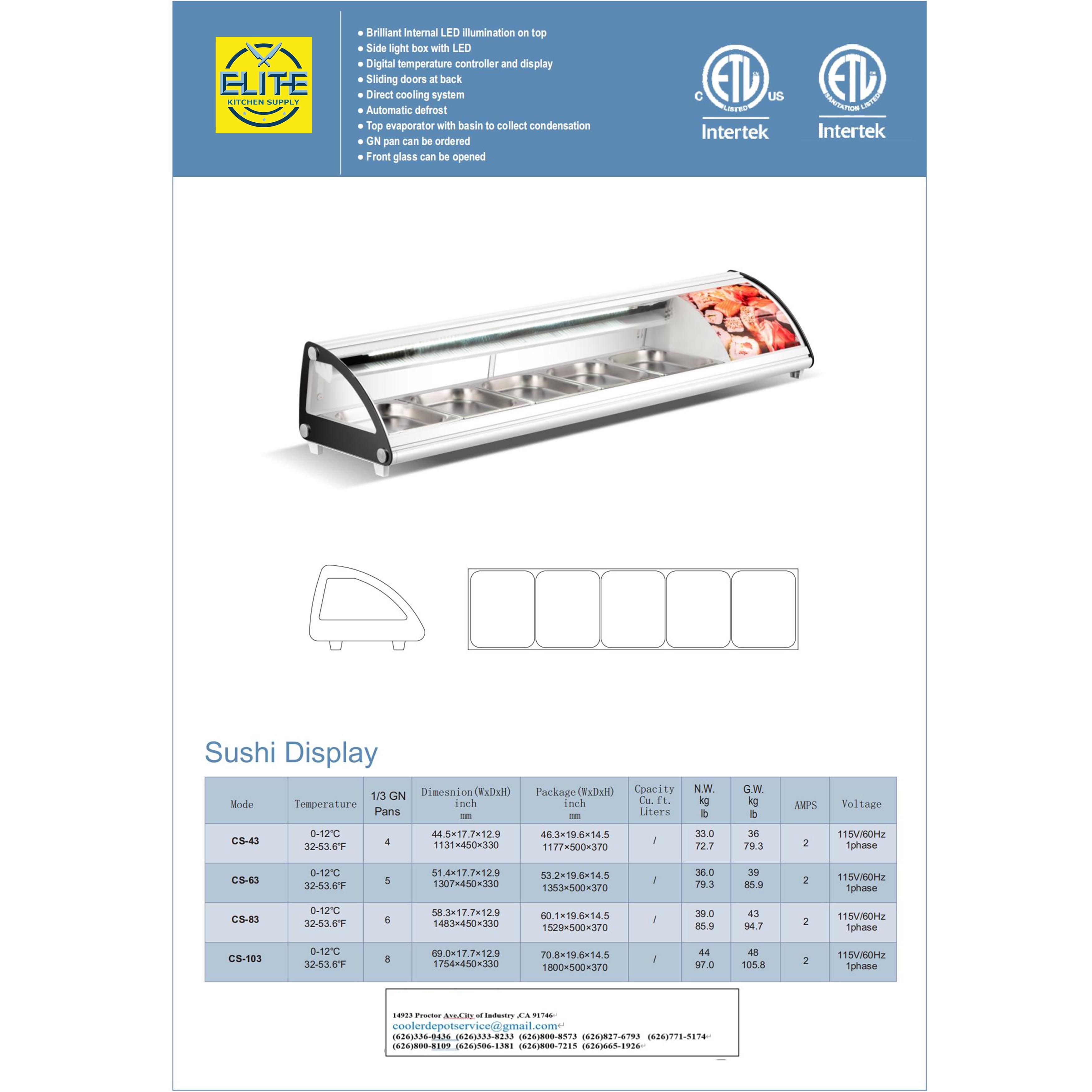 44.5'' Refrigerated Sushi Display Cooler Case Countertop 4 Pan Commercial Sushi Refrigerator