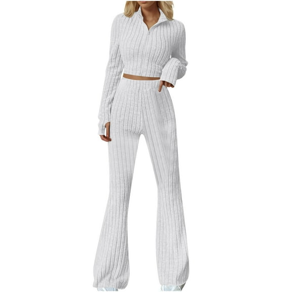Tumotour Sweat Suits For Womens V Neck Long Sleeve Zip Crop Tops High Waist Long Pants Knit Casual Solid Color Jogging Lounge Matching Set